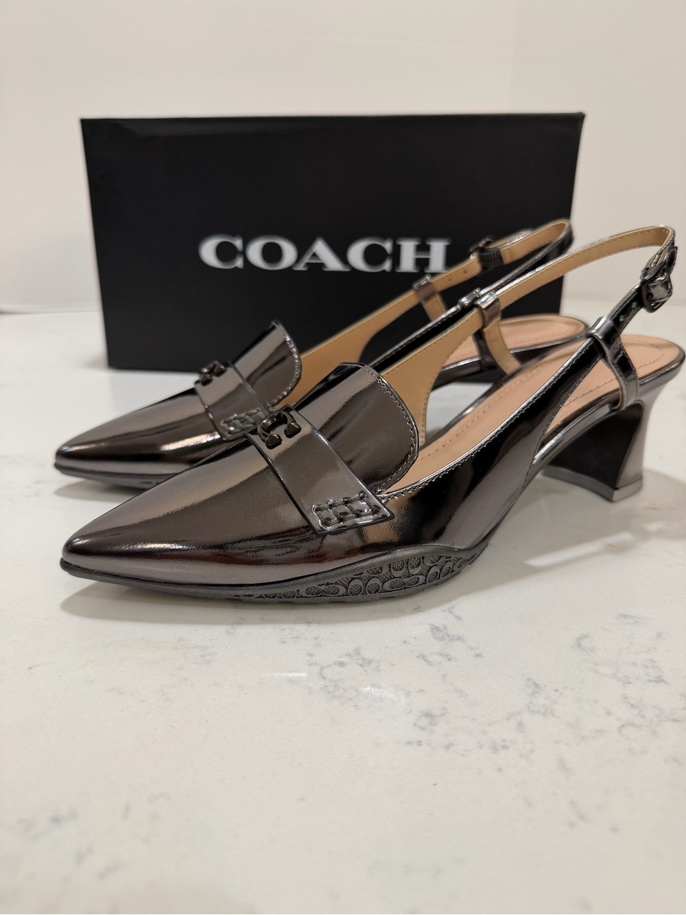 Coach Metallic Black Patent Slingback Heels